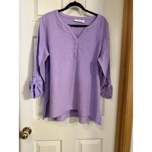 Susan Graver Pure Lavender Gauze Button-Front Tunic 3/4 Sleeve Size XL
